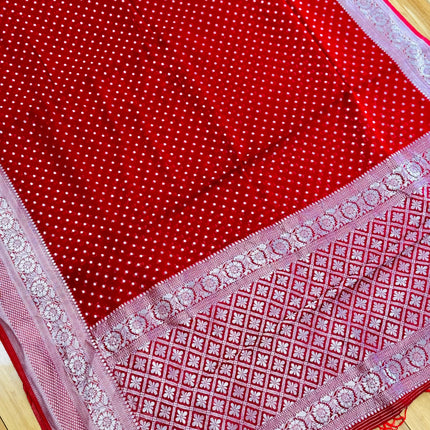 Red Banarasi Khaddi Georgette Saree, Silver Zari Butta