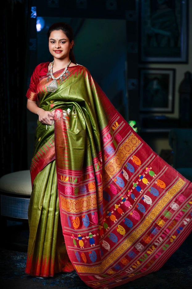 Authentic traditional Dolabedi saree in Mehendi green/Maroon Border|Silk Mark Certified