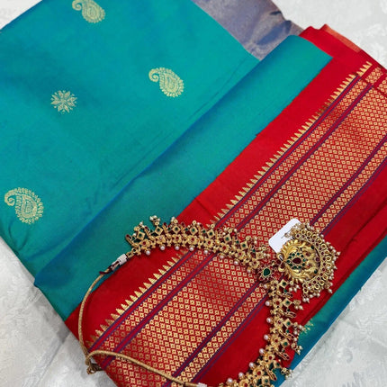 Authentic Paithani from Yeola | 100% handwoven Pure Silk saree |Rama with Red border|Kadiyal Maharan