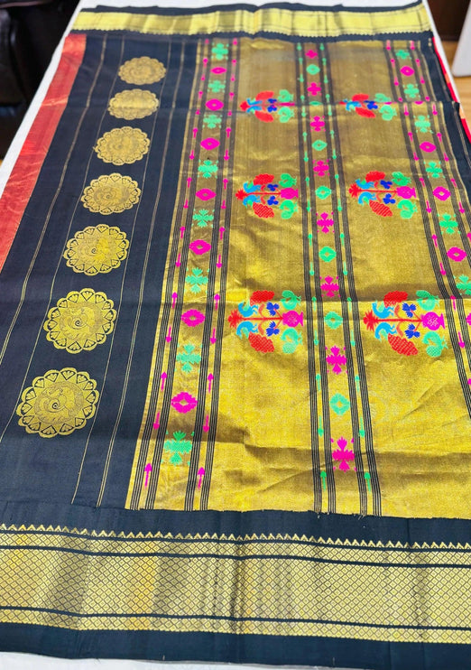Authentic Paithani from Yeola | 100% handwoven Pure Silk saree |Red with Black border|Kadiyal Maharani|Silk Mark Certified