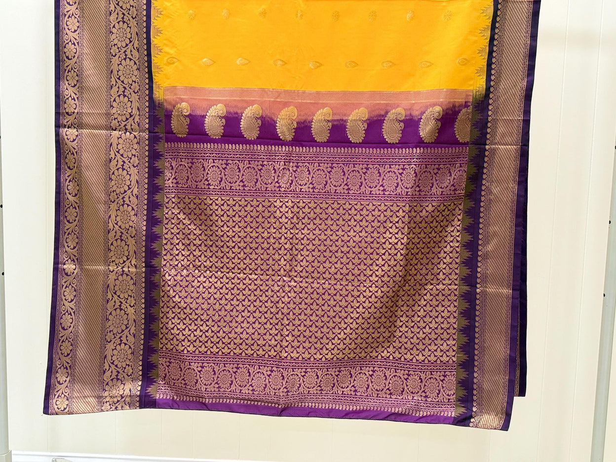 Pure Gadwal semi-Silk Saree | Silk | Bright Yellow with Purple border