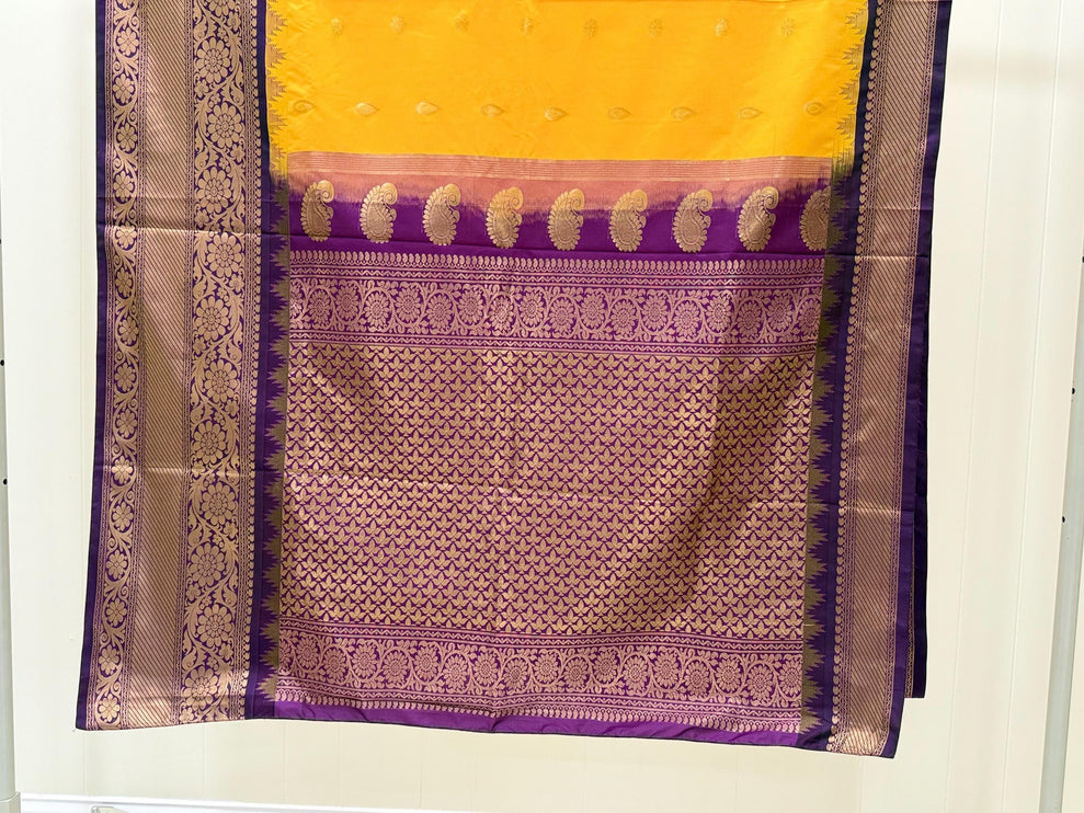 Pure Gadwal semi-Silk Saree | Silk | Bright Yellow with Purple border