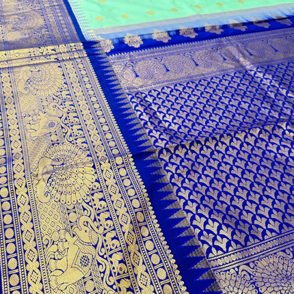 Pure handloom Gadwal semi-Silk Saree | Silk | Seagreen with Ink Blue border