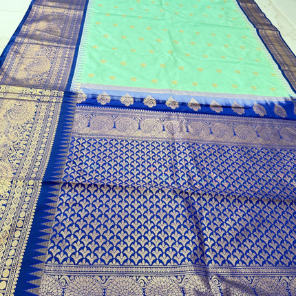 Pure handloom Gadwal semi-Silk Saree | Silk | Seagreen with Ink Blue border