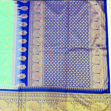 Pure handloom Gadwal semi-Silk Saree | Silk | Seagreen with Ink Blue border