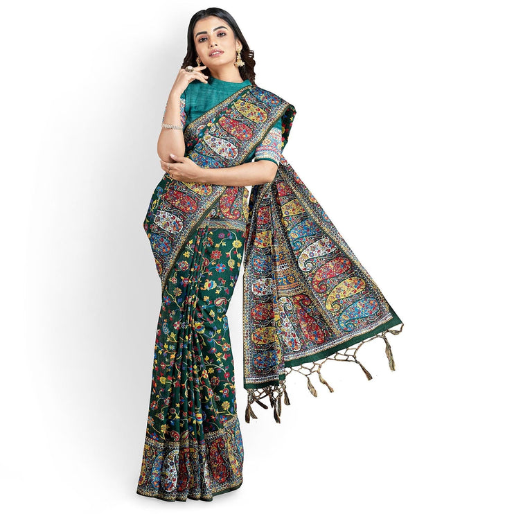 Kashmiri Kalamkari Saree | Cotton Silk, Floral Weave with Tassels