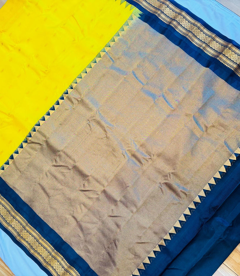Handloom Gadwal Silk Saree | Yellow with Black Border, Silk Mark Certified