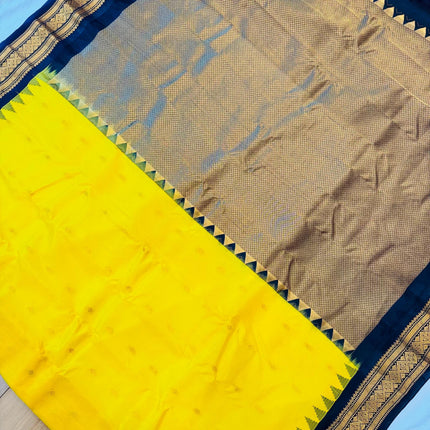 Handloom Gadwal Silk Saree | Yellow with Black Border, Silk Mark Certified