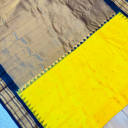 Handloom Gadwal Silk Saree | Yellow with Black Border, Silk Mark Certified