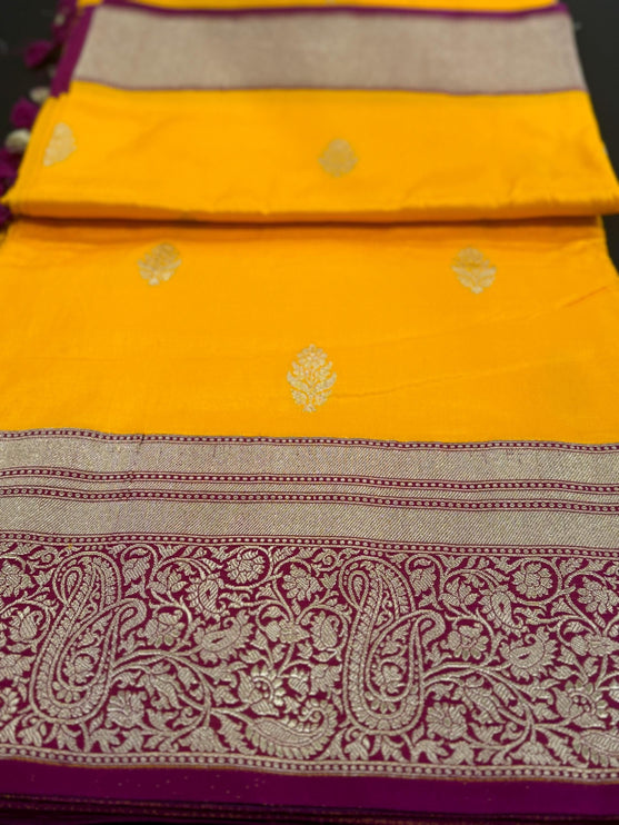 Hand Woven Banarasi Tussar Silk Saree | Motifs Weaving, Magenta Border