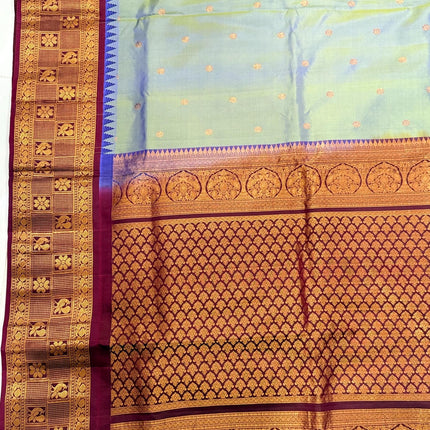 Pure Silk Gadhwal Saree | English Grey, Maroon Border, Motifs (Silk Mark Certified)