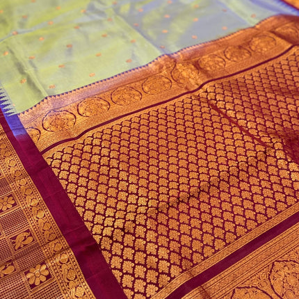 Pure Silk Gadhwal Saree | English Grey, Maroon Border, Motifs (Silk Mark Certified)