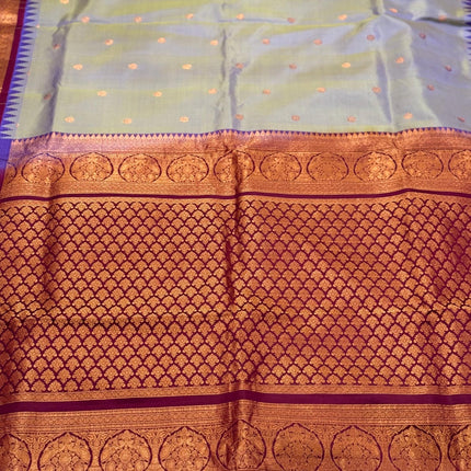 Pure Silk Gadhwal Saree | English Grey, Maroon Border, Motifs (Silk Mark Certified)