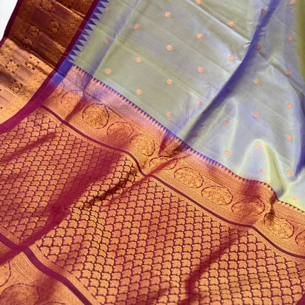 Pure Silk Gadhwal Saree | English Grey, Maroon Border, Motifs (Silk Mark Certified)