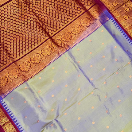 Pure Silk Gadhwal Saree | English Grey, Maroon Border, Motifs (Silk Mark Certified)