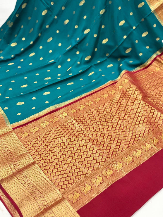 Rama Green Mysore Silk Saree | Silver & Gold Zari, Silk Mark Certified