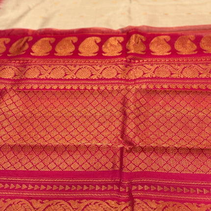 Silk Mark Certified Beige Gadhwal Silk Saree | Rani Pink Border