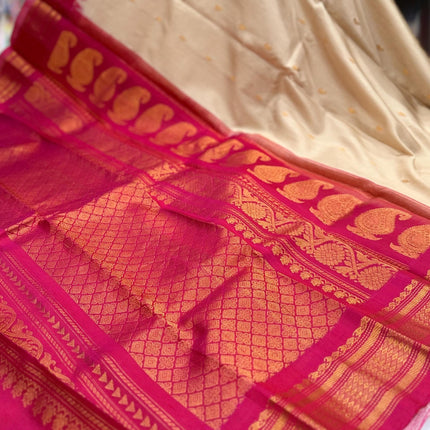 Silk Mark Certified Beige Gadhwal Silk Saree | Rani Pink Border