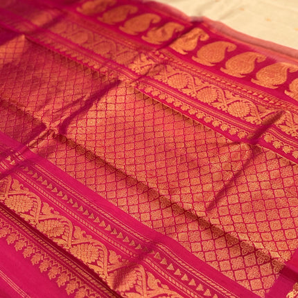 Silk Mark Certified Beige Gadhwal Silk Saree | Rani Pink Border