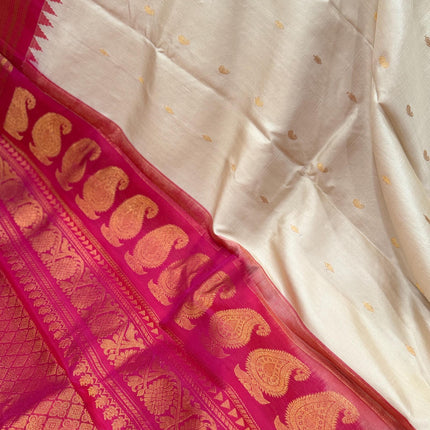 Silk Mark Certified Beige Gadhwal Silk Saree | Rani Pink Border