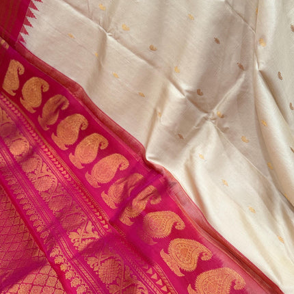 Silk Mark Certified Beige Gadhwal Silk Saree | Rani Pink Border