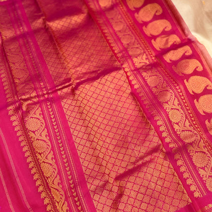 Silk Mark Certified Beige Gadhwal Silk Saree | Rani Pink Border
