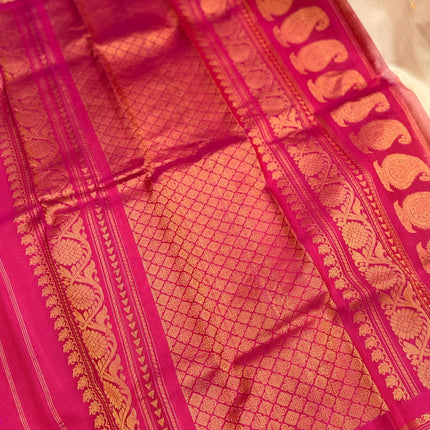 Silk Mark Certified Beige Gadhwal Silk Saree | Rani Pink Border
