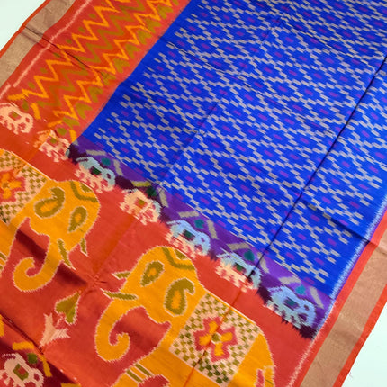 Handloom Ikkat Patola Silk Saree: Blue with Orange Border