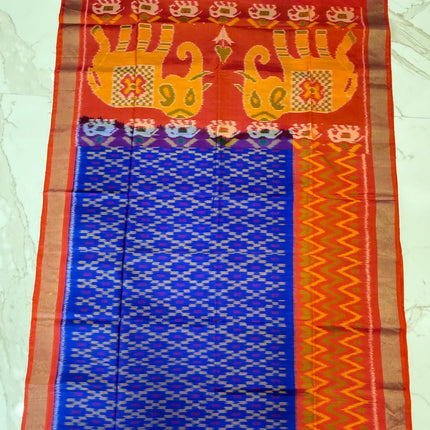 Handloom Ikkat Patola Silk Saree: Blue with Orange Border