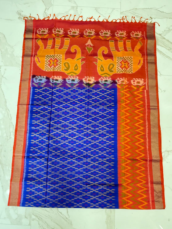 Handloom Ikkat Patola Silk Saree: Blue with Orange Border