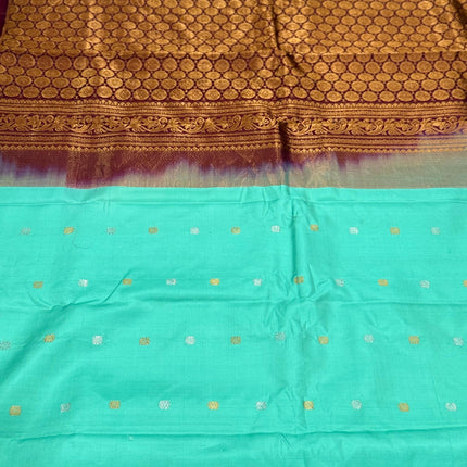 Handloom Gadhwal Silk Saree | Pista-Rama, Maroon Border, Motifs | Silk Mark Certified