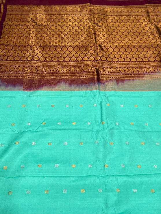 Handloom Gadhwal Silk Saree | Pista-Rama, Maroon Border, Motifs | Silk Mark Certified