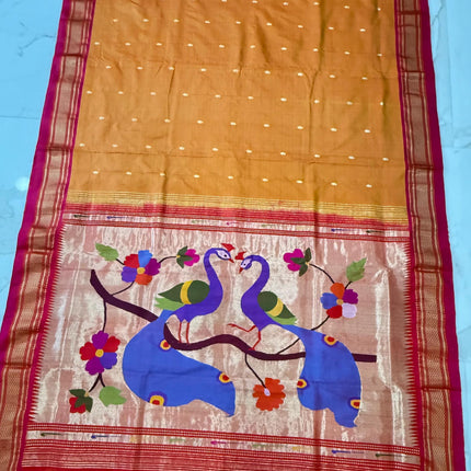 Handwoven Paithani Silk Saree | Yellow with Rani Pink Border