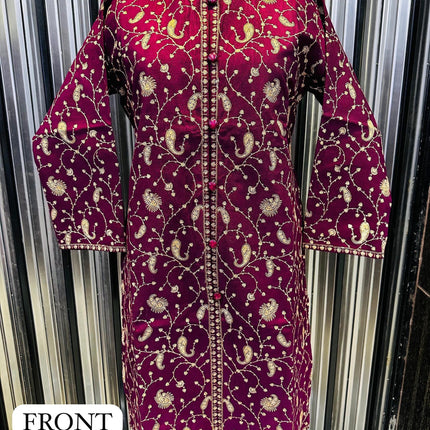Woven Kani Wool Jacket | Kashmir Embroidered Artwear, Size 42