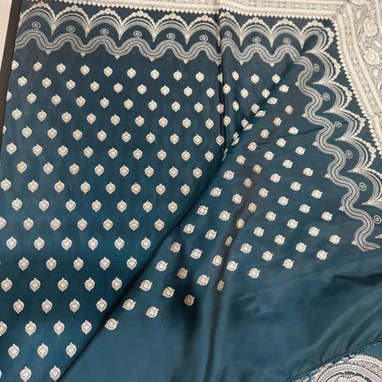 Banarasi Mashroo Silk Saree: Deep Teal with Zari Buttas