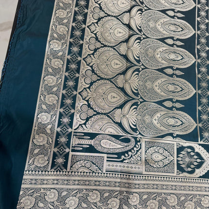 Banarasi Mashroo Silk Saree: Deep Teal with Zari Buttas