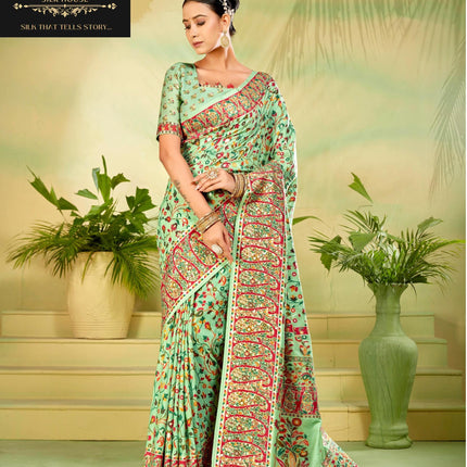 Kashmiri Kalamkari Tussar Silk Saree | Hand-Painted Floral Weave