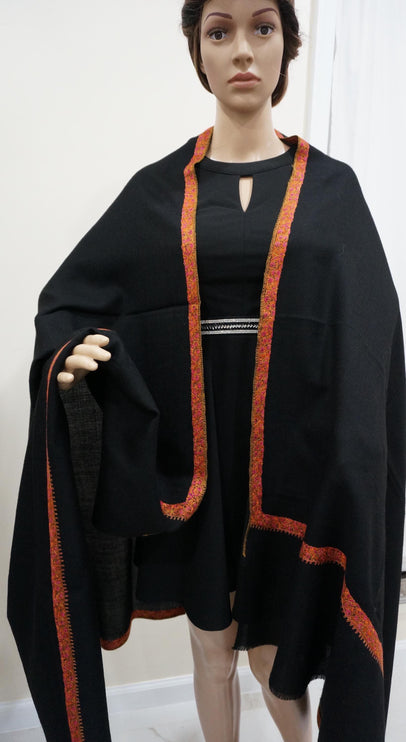 Handmade Black Pashmina Shawl with Embroidered Border
