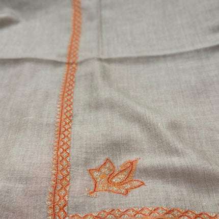 Hand Embroidered Wool Scarf, Beige Pashmina Shawl with Orange Paisley