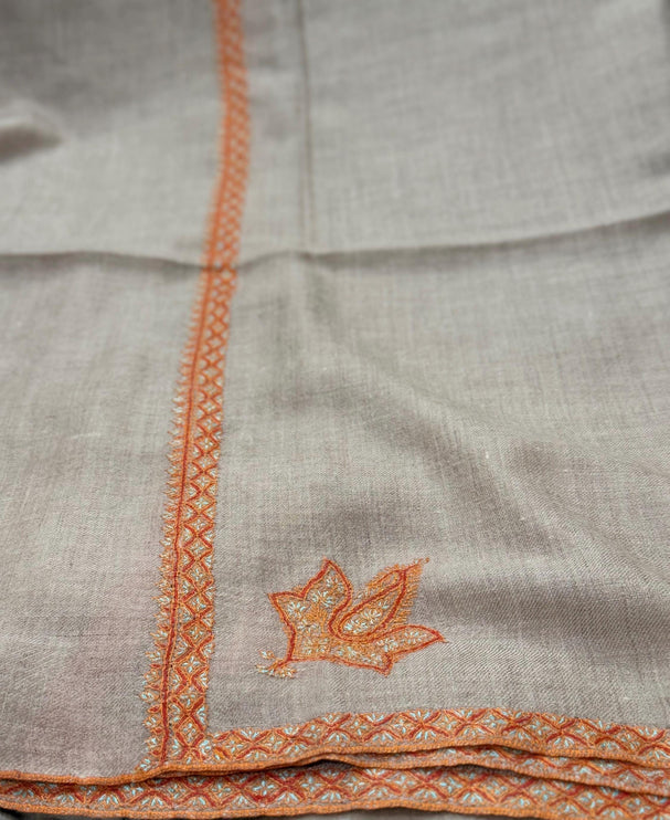 Hand Embroidered Wool Scarf, Beige Pashmina Shawl with Orange Paisley