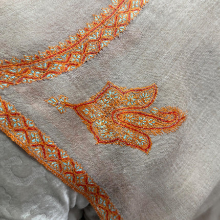 Hand Embroidered Wool Scarf, Beige Pashmina Shawl with Orange Paisley