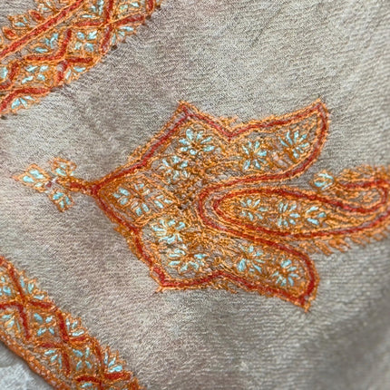 Hand Embroidered Wool Scarf, Beige Pashmina Shawl with Orange Paisley