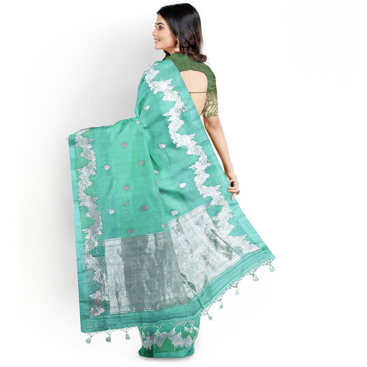 Banarasi Kora Organza Silk Saree - Pista Green, Scalloped Zari Border, Handloom