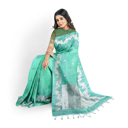 Banarasi Kora Organza Silk Saree - Pista Green, Scalloped Zari Border, Handloom