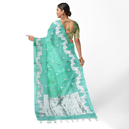 Banarasi Kora Organza Silk Saree - Pista Green, Scalloped Zari Border, Handloom