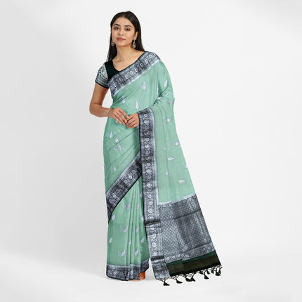 Banarasi Kora Organza Saree, Light Mint Green, Silver Zari Border
