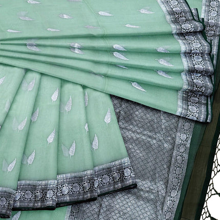 Banarasi Kora Organza Saree, Light Mint Green, Silver Zari Border