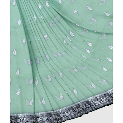 Banarasi Kora Organza Saree, Light Mint Green, Silver Zari Border
