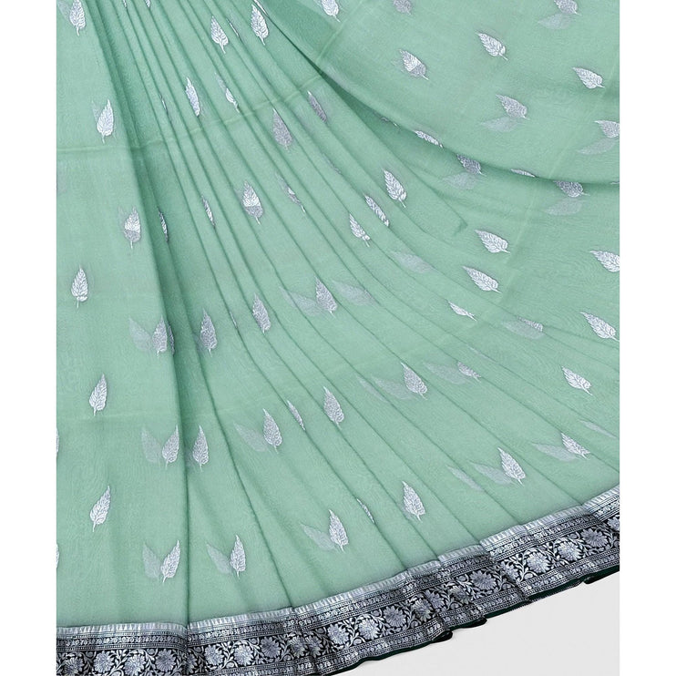 Banarasi Kora Organza Saree, Light Mint Green, Silver Zari Border