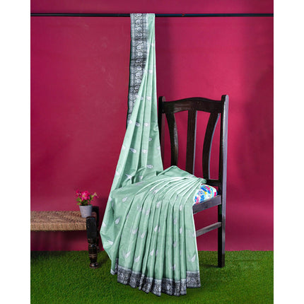 Banarasi Kora Organza Saree, Light Mint Green, Silver Zari Border